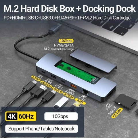 USB-C-Hub 8-in-1-M.2-SSD-Gehäuseunterstützung