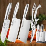 Stainless Steel Kitchen Scissor Knives Set Professional Boning Knife Hollow Handle Chopping Knife Meat Cleaver Knife with Holder