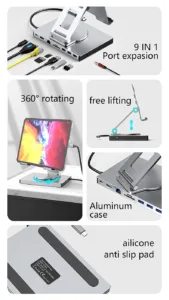 Ipad stand USB C Hub 4K 60HZ HD Type-C 100W PD SD/TF Slot Reader USB 3.0 5Gbps 9 In 1 Type-C Hub ipad holder - Image 8