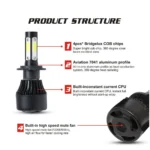 H7 LED Car Headlight Bulbs 4 COB Chip 6500K 100W 20000LM 12V Headlamp Foglight - Image 3