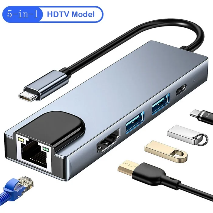 Computer - Usb 5 In 1 Type-C 3 1 To 4k HdTV Hub Adapter With Sd Tf 100M Rj45 Car d Reader Pd Fast Charge For Macbook Notebook Computer