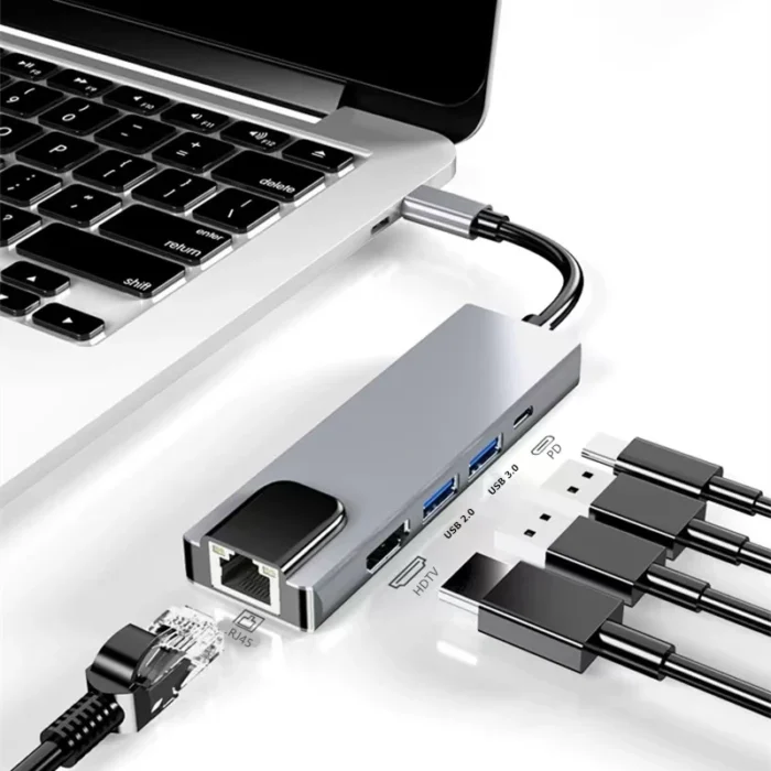 Computer - Usb 5 In 1 Type-C 3 1 To 4k HdTV Hub Adapter With Sd Tf 100M Rj45 Car d Reader Pd Fast Charge For Macbook Notebook Computer
